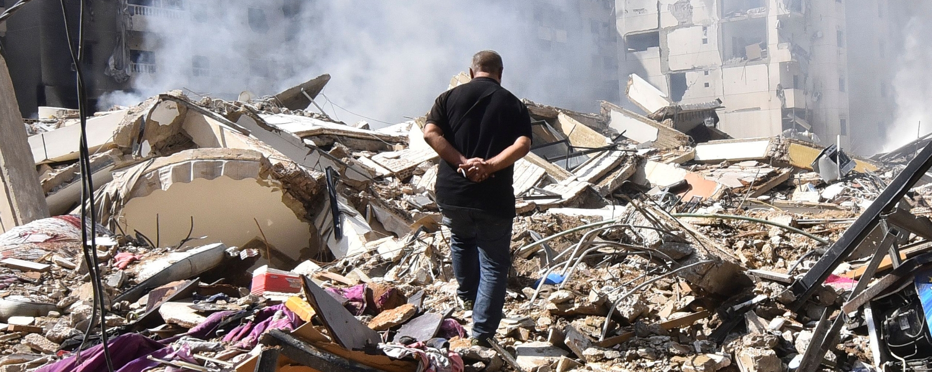 Lebanon man destruction cropped During the Lebanon conflict, a man walks through the ruins of a destroyed building. Donate to Lebanon crisis appeal to support refugees and human rights in Lebanon and beyond.